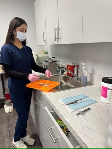 A prepared dental instrument tray in the Longview training lab